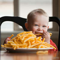 Baby eating french fries
