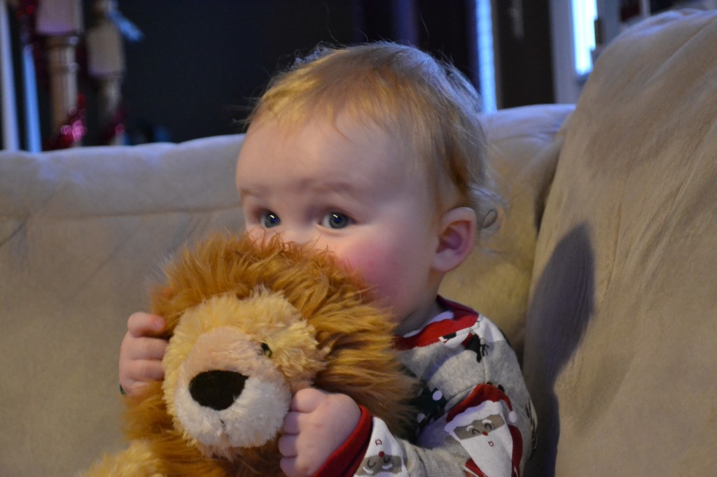 Baby playing with stuffed animal