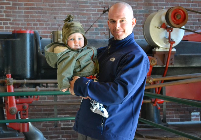 Baby in Winter Hat and Coat with Dad