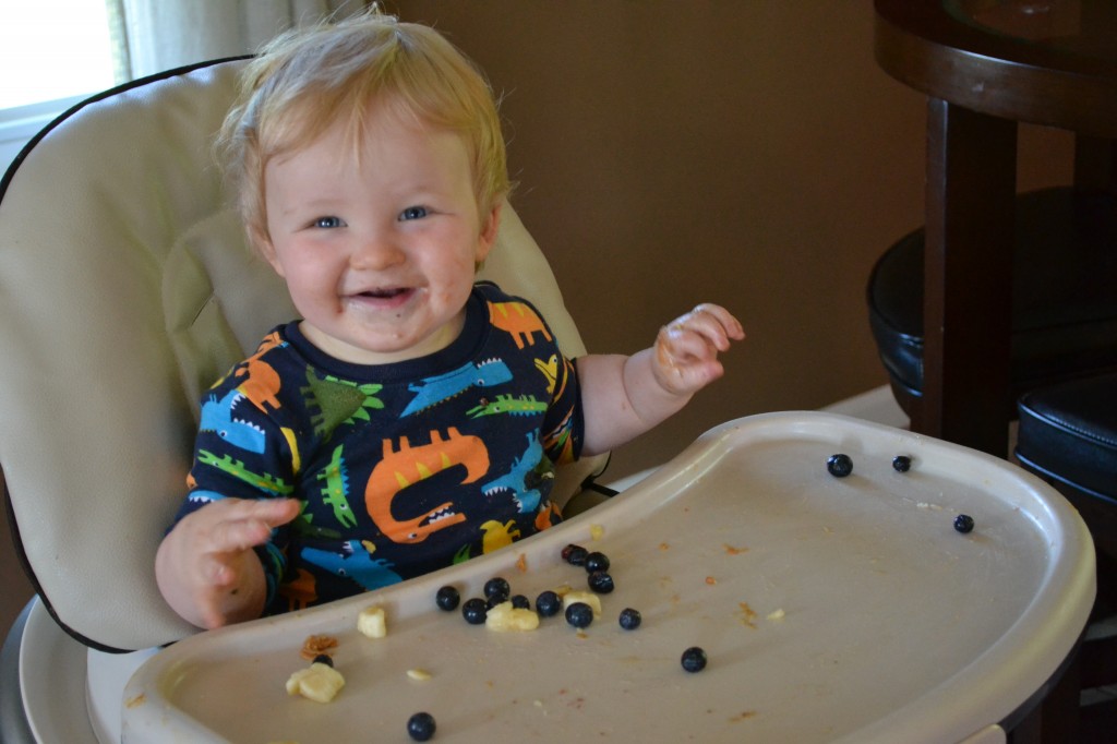 One Year Old Eating Peanut Butter and Banana For Breakfast