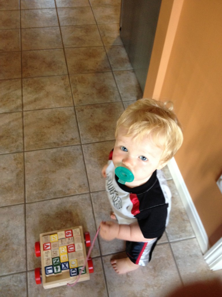 One Year Old Pulling Block Toy Around House